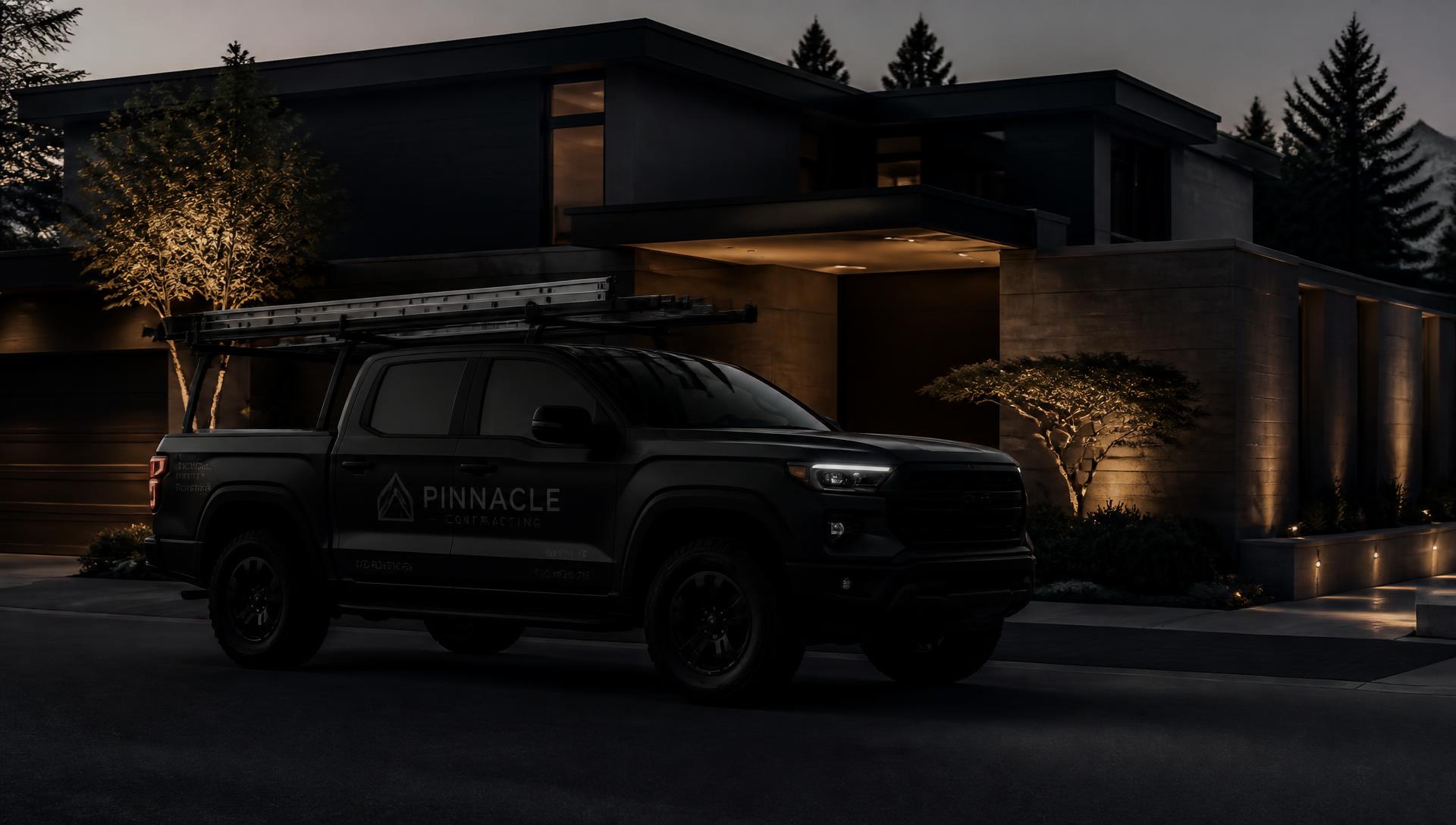 Forge service truck outside a modern home at dusk